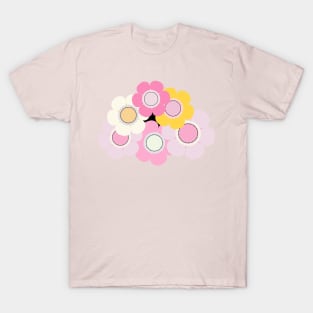 Yellow and pink flowers over black background T-Shirt